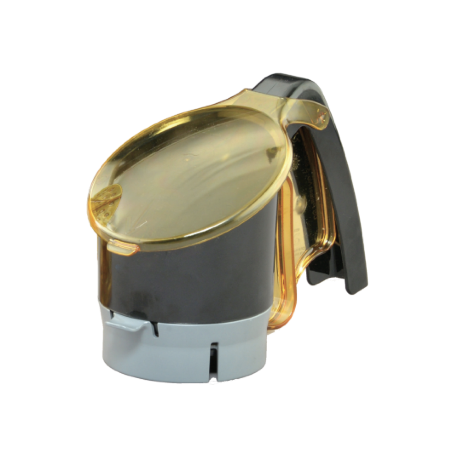 black plastic dispenser with ann amber plastic lid and handle with a lever