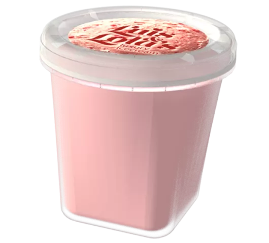 Contenant de crème glacée transparent moulé par injection avec une étiquette IML supérieure portant la mention Lola’s